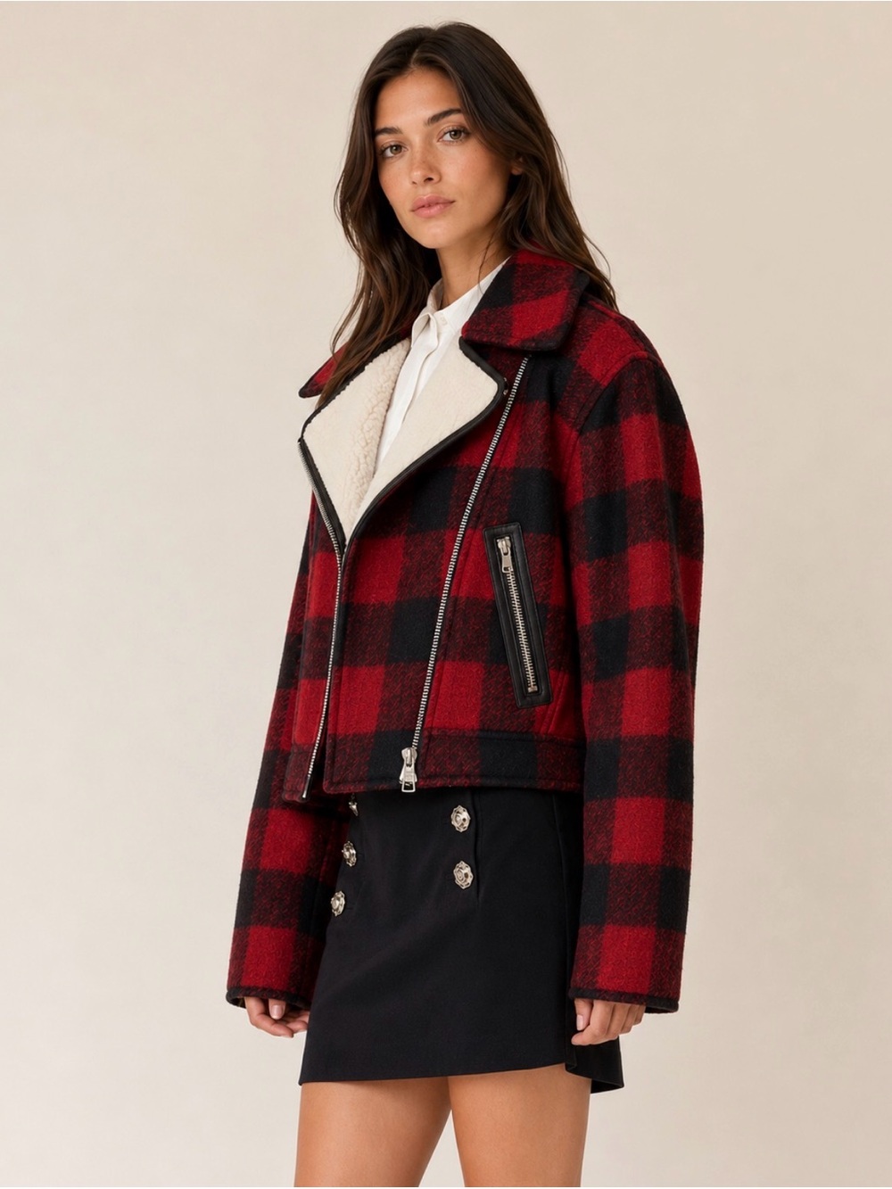 Veronica Beard Benni Buffalo Plaid Moto Jacket Red Black Sherpa Lined Small